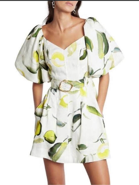 Beulah Dresses & Skirts - Beulah Style Alyssa Zest White Puff Sleeve Mini Dress Green & Yellow Leaf Cotton